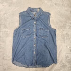 Bill Blass Denim Sleeveless Button Up Shirt Womens Large Blue Chambray